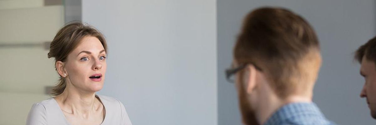 A job candidate is surprised by an interview question.