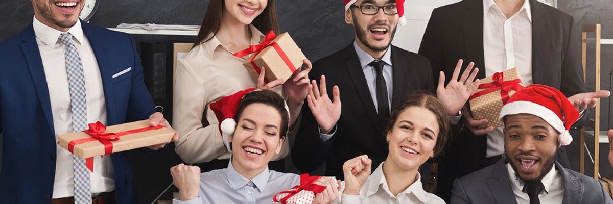 Co-workers excited to do their company yankee swap