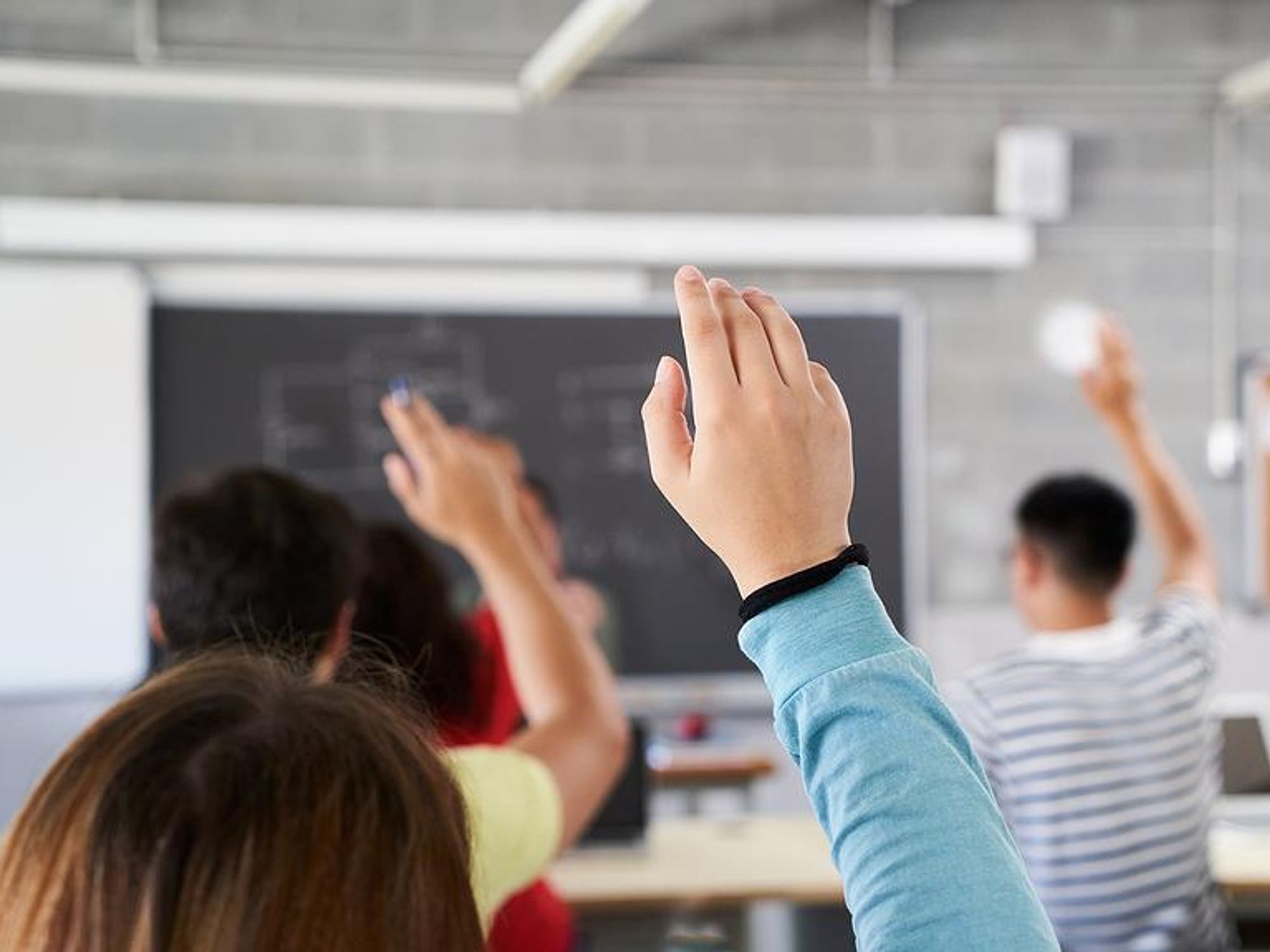 Engaged students raise their hands in class