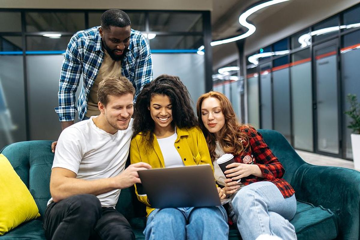 Happy coworkers build positive workplace relationships