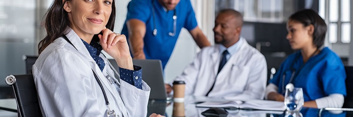 Healthcare workers discuss stress management techniques