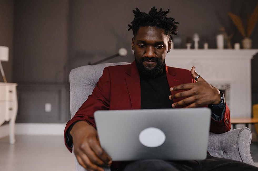 Hybrid employee talks during a video call