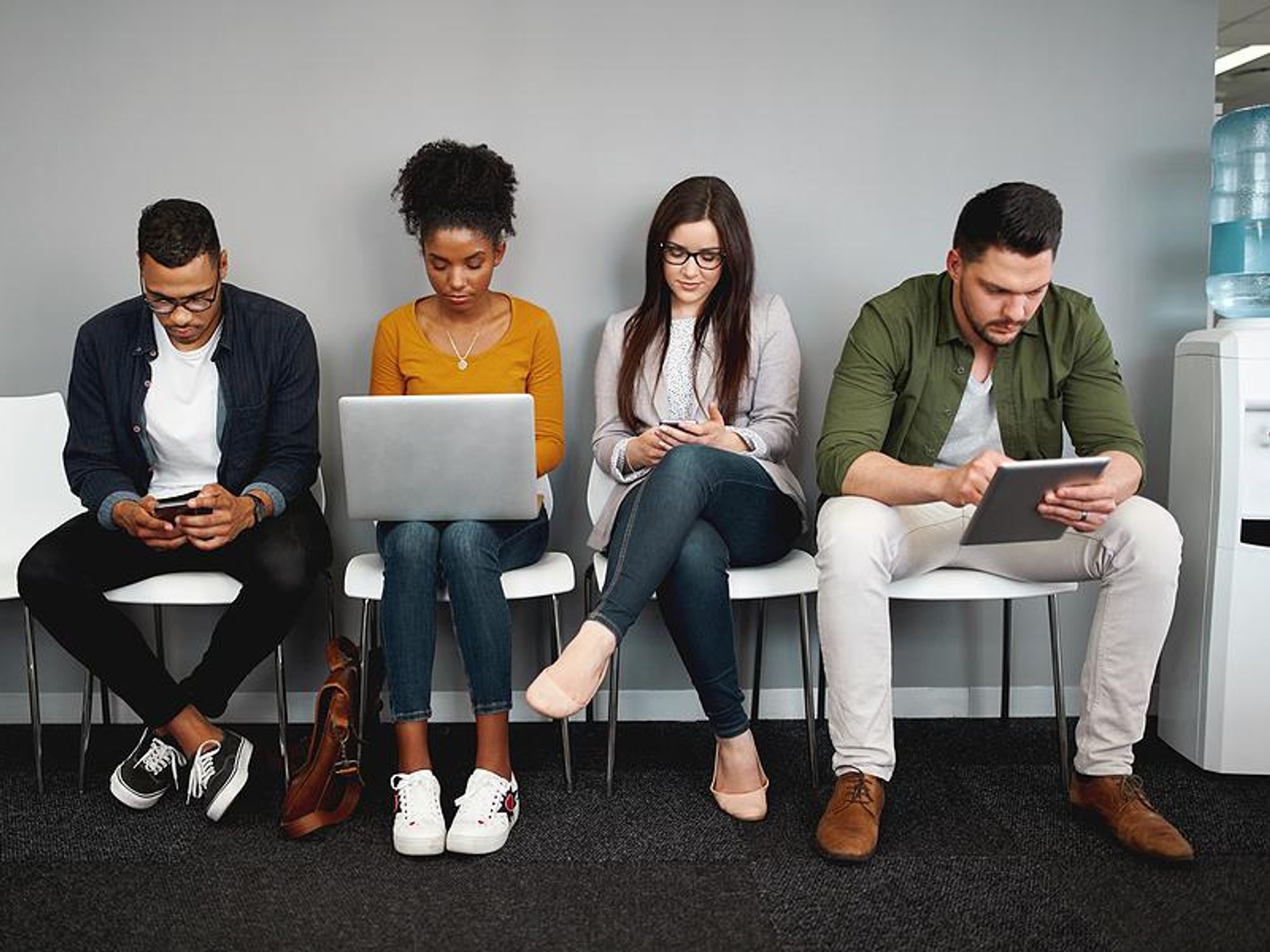 Job candidates prepare and wait for their job interviews