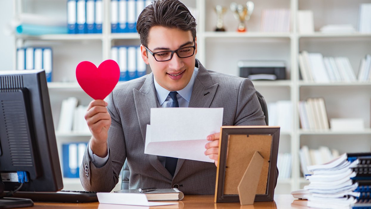 Man celebrates Valentine's Day at work