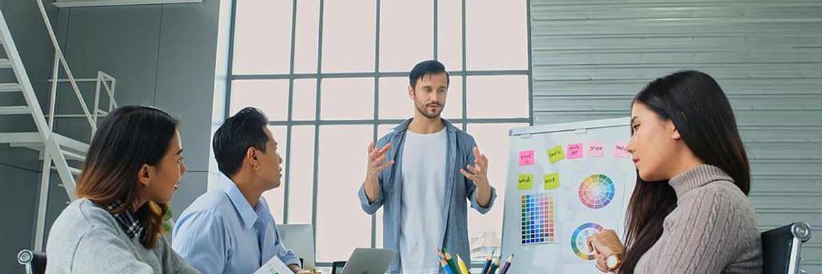Man gives a presentation about a strategic business roadmap
