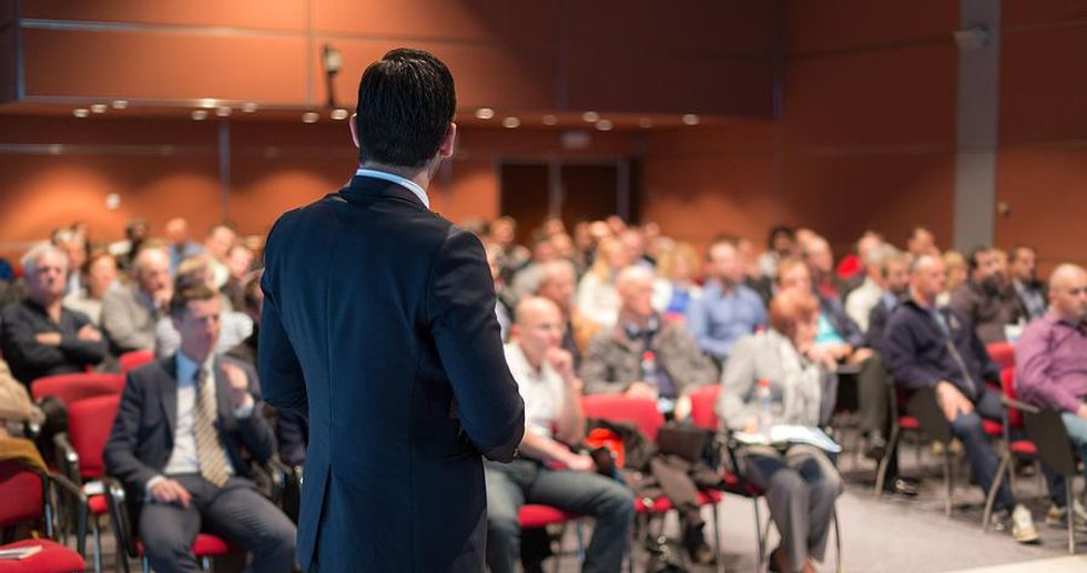 Man practices his public speaking skills