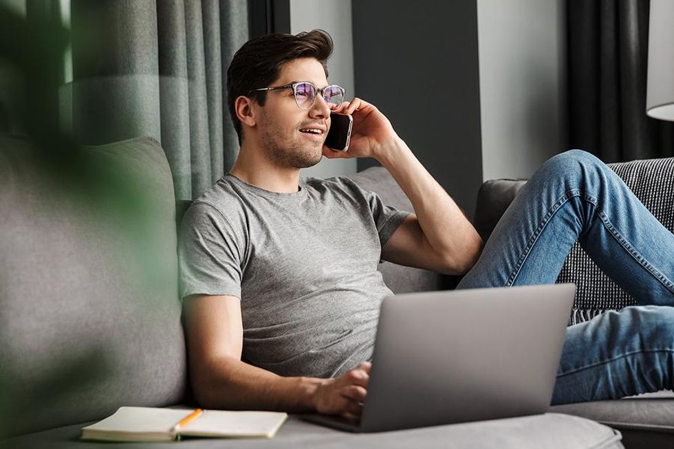 Man telecommuting to his job in the nonprofit sector