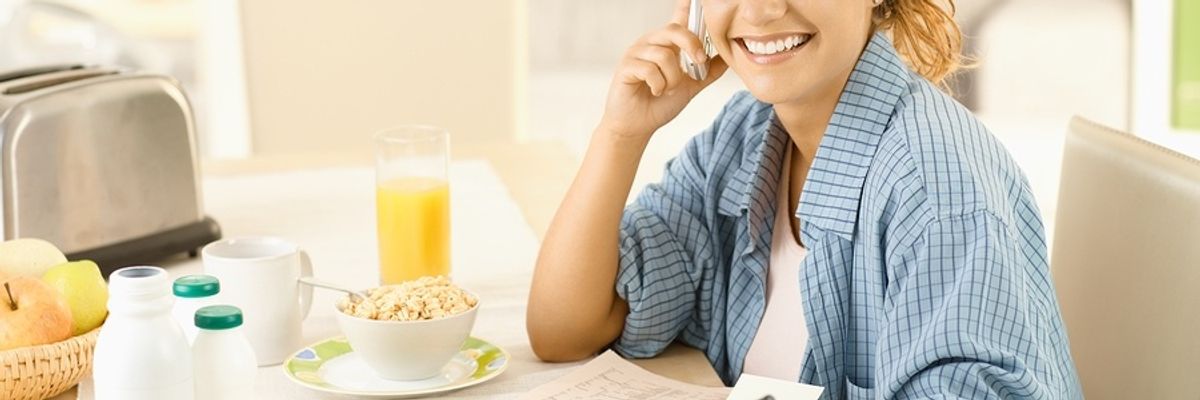 Professional woman makes a quick and easy breakfast for her busy workweek