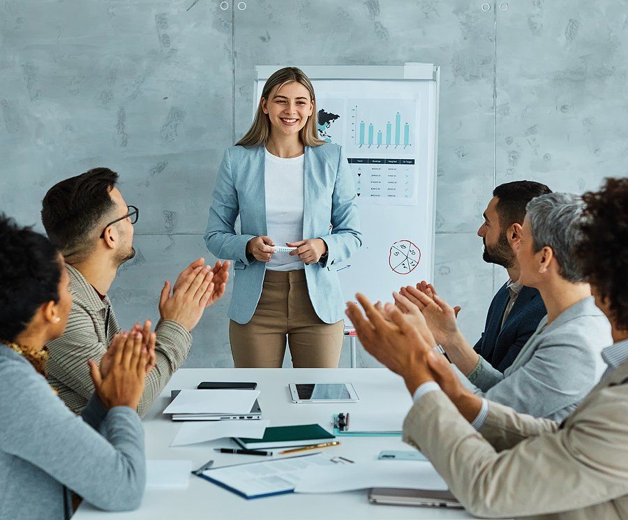 Professional woman successfully gives a persuasive presentation at work