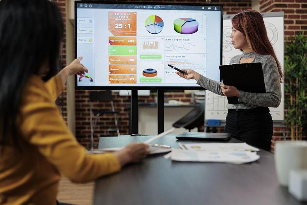 Project manager presents during a project kickoff meeting