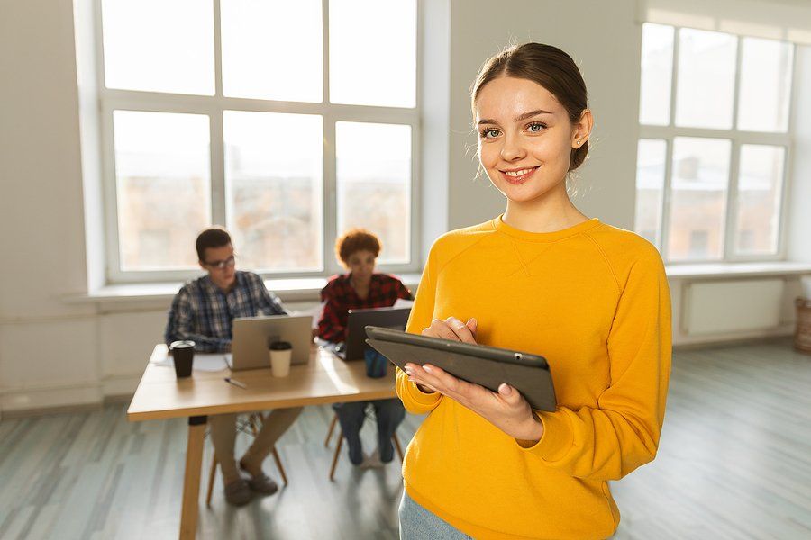 Smiling woman leader at work