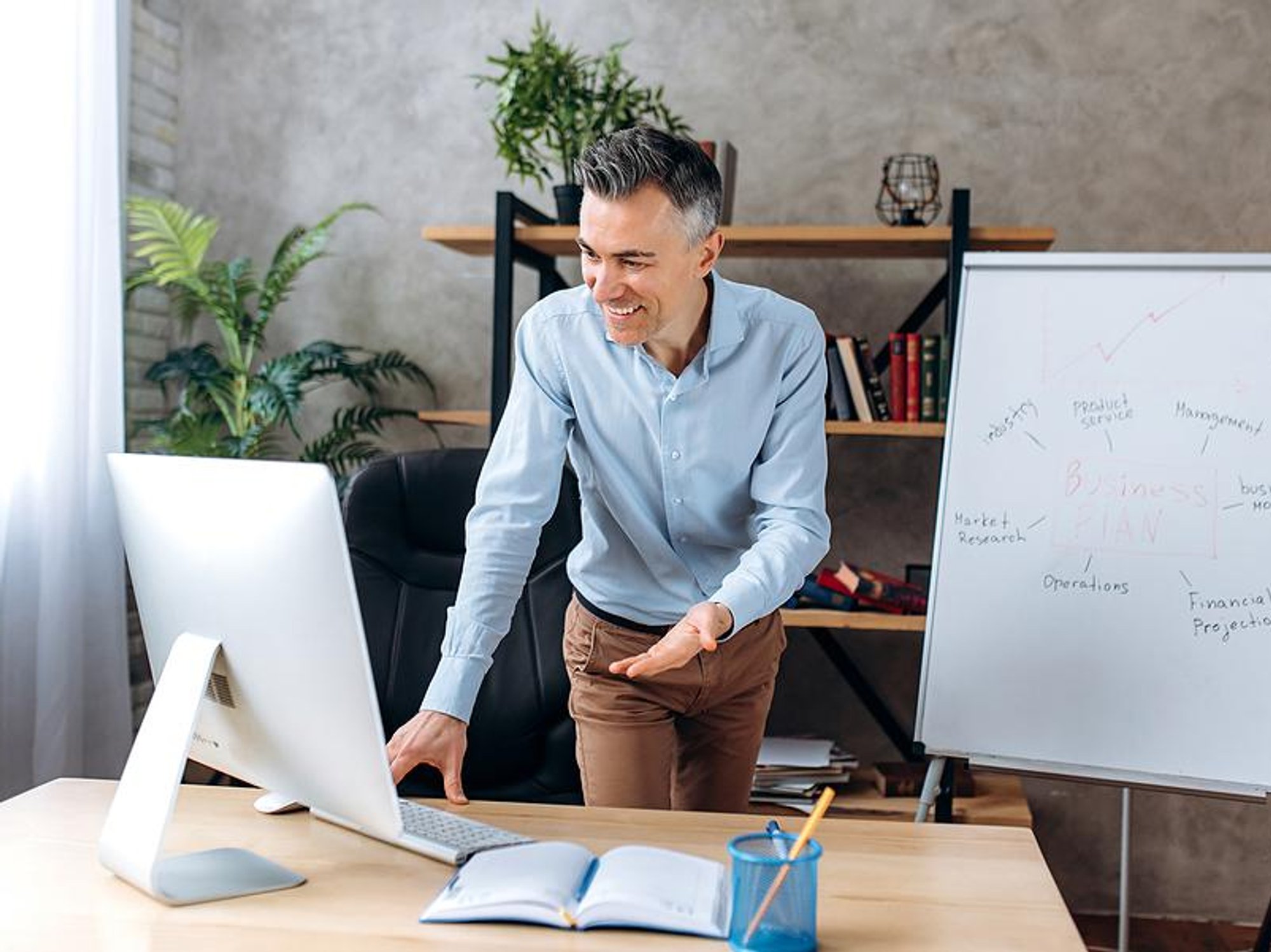 Virtual leader talks during a work meeting