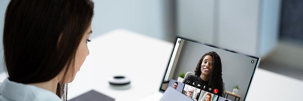 Woman answers a question during a virtual job interview