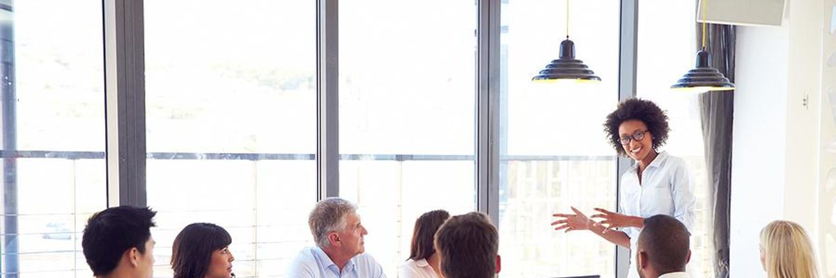 Woman gives a business presentation