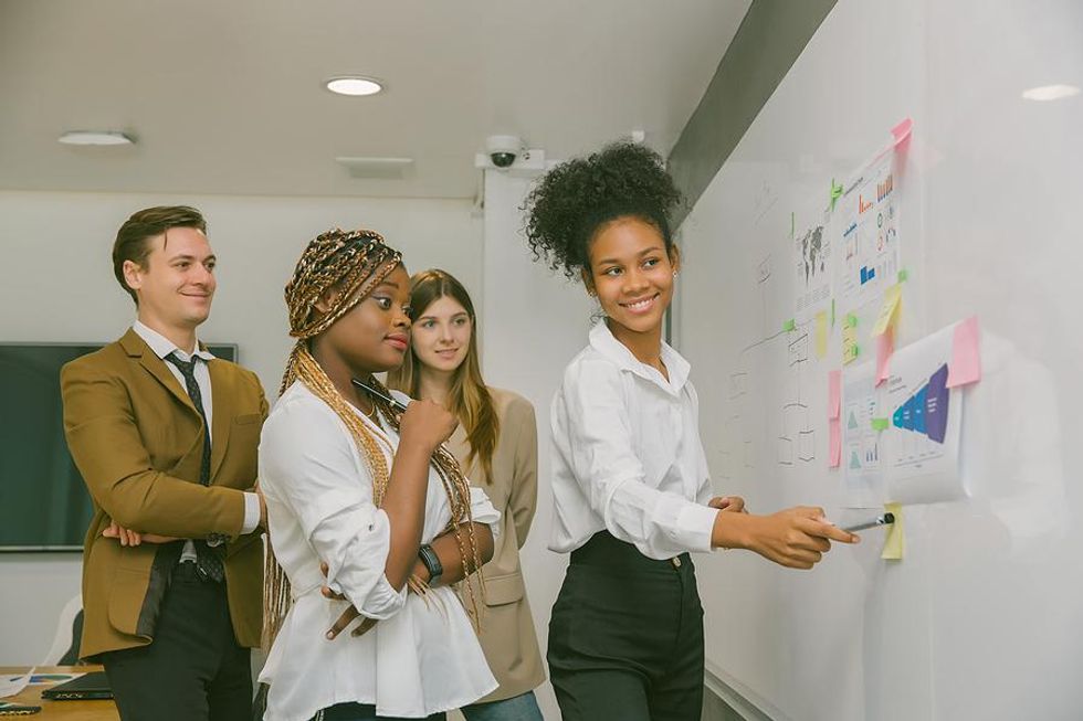 Woman leads a brainstorming session at work