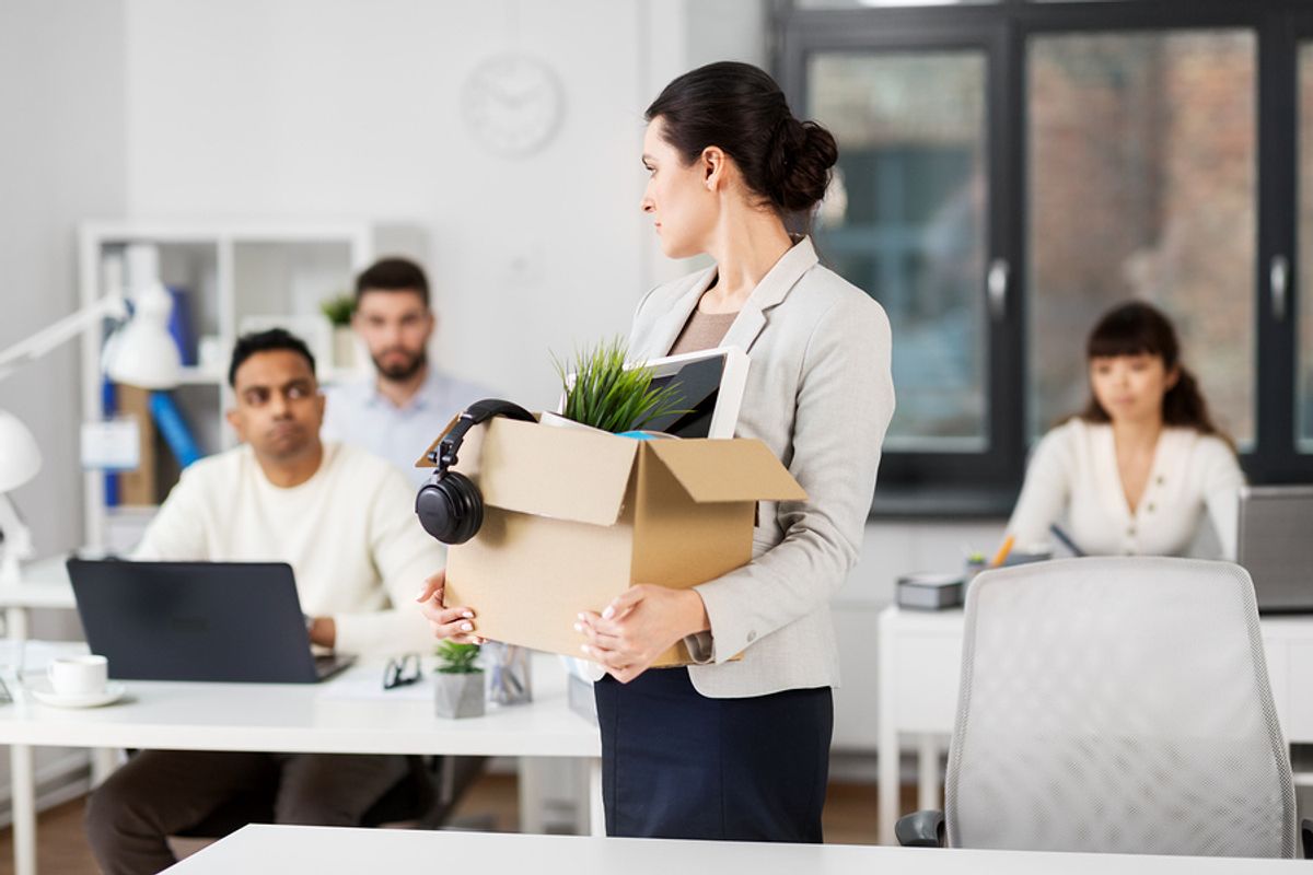 Woman leaves work after being fired from her job