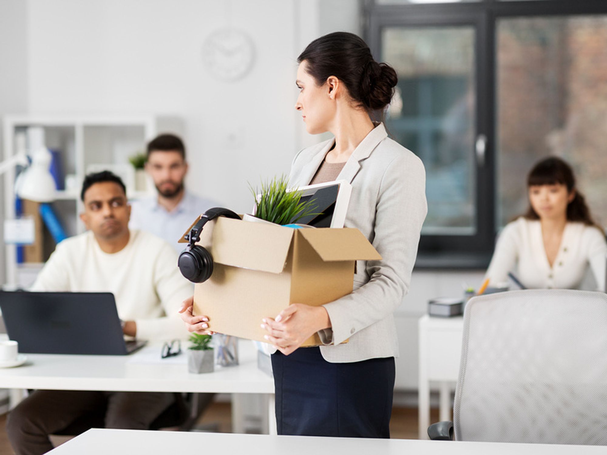 Woman leaves work after being fired from her job