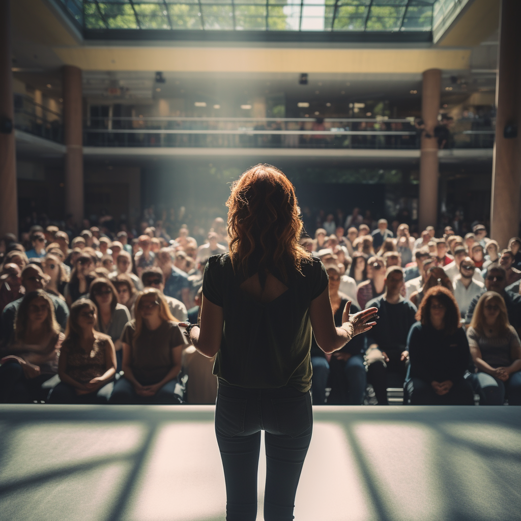 Woman overcomes stage fright and fear of public speaking and successfully gives a presentation