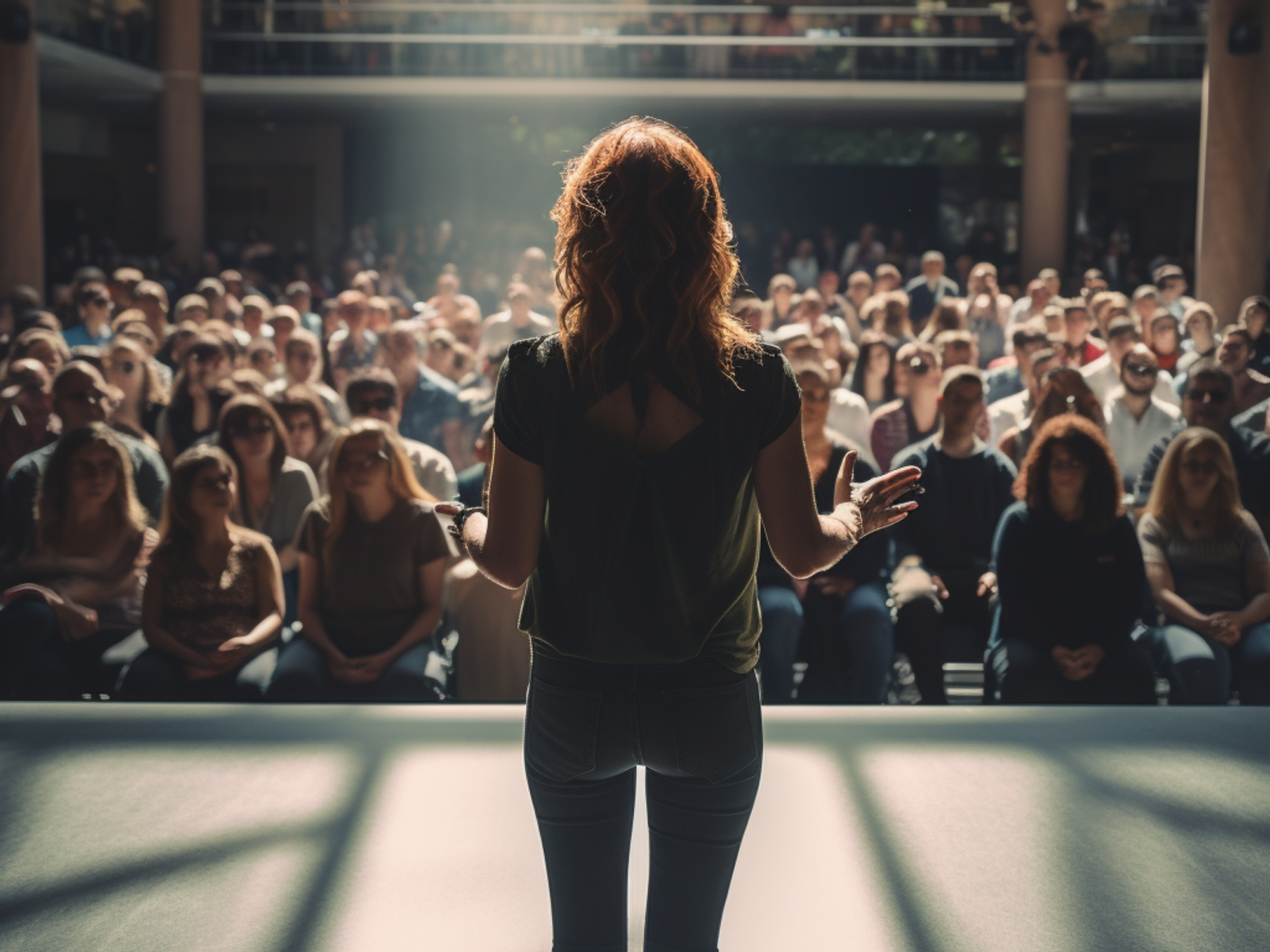 Woman overcomes stage fright and fear of public speaking and successfully gives a presentation