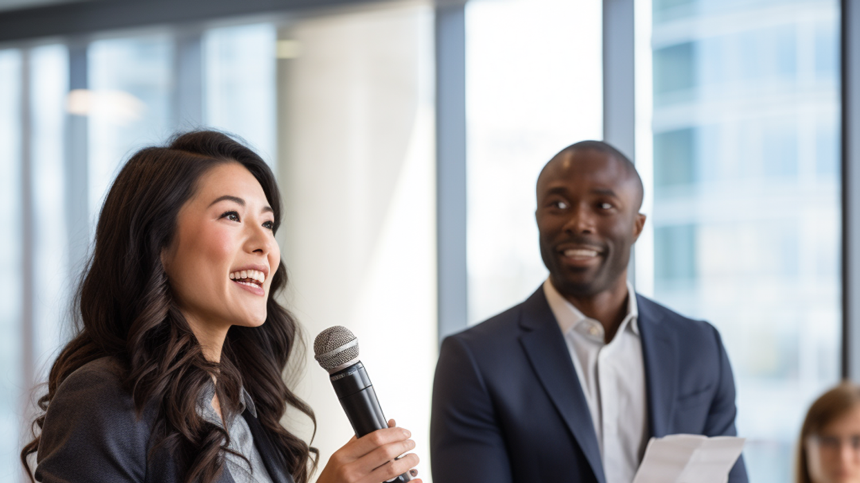 Woman uses a microphone for public speaking