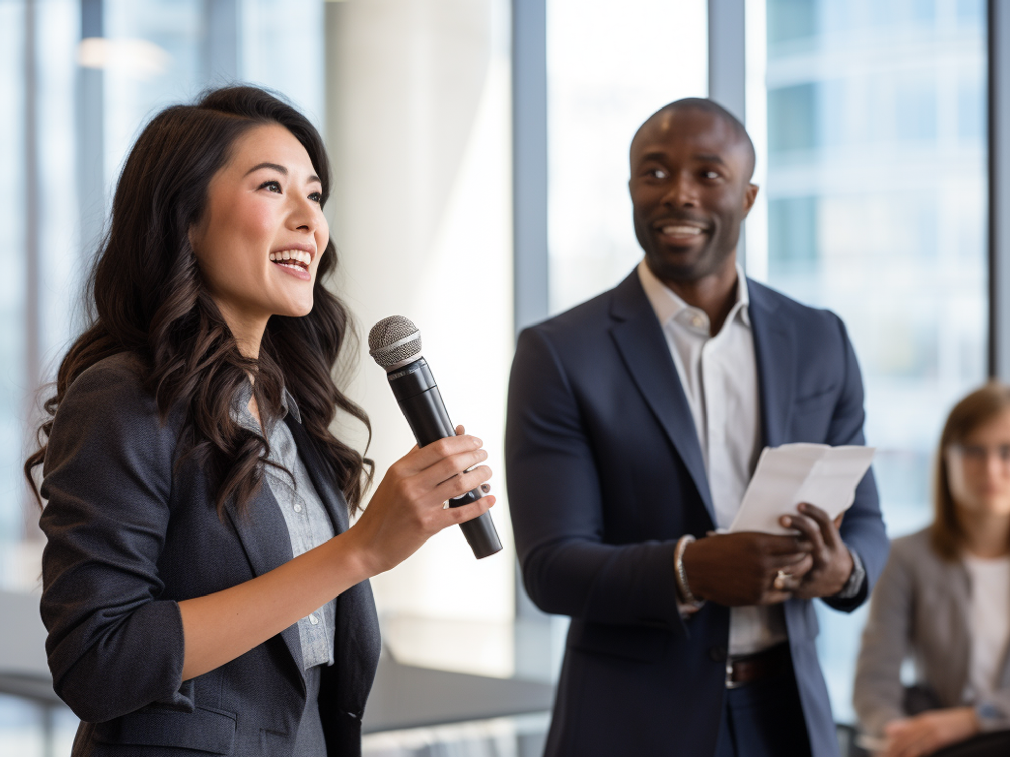 Woman uses a microphone for public speaking