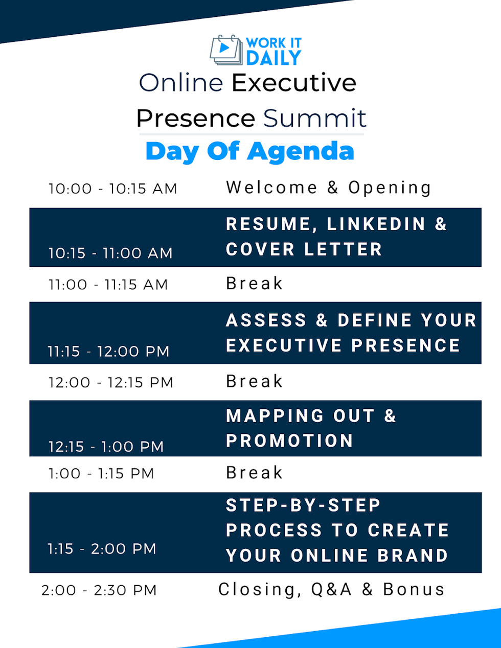 Work It Daily's online executive presence summit agenda