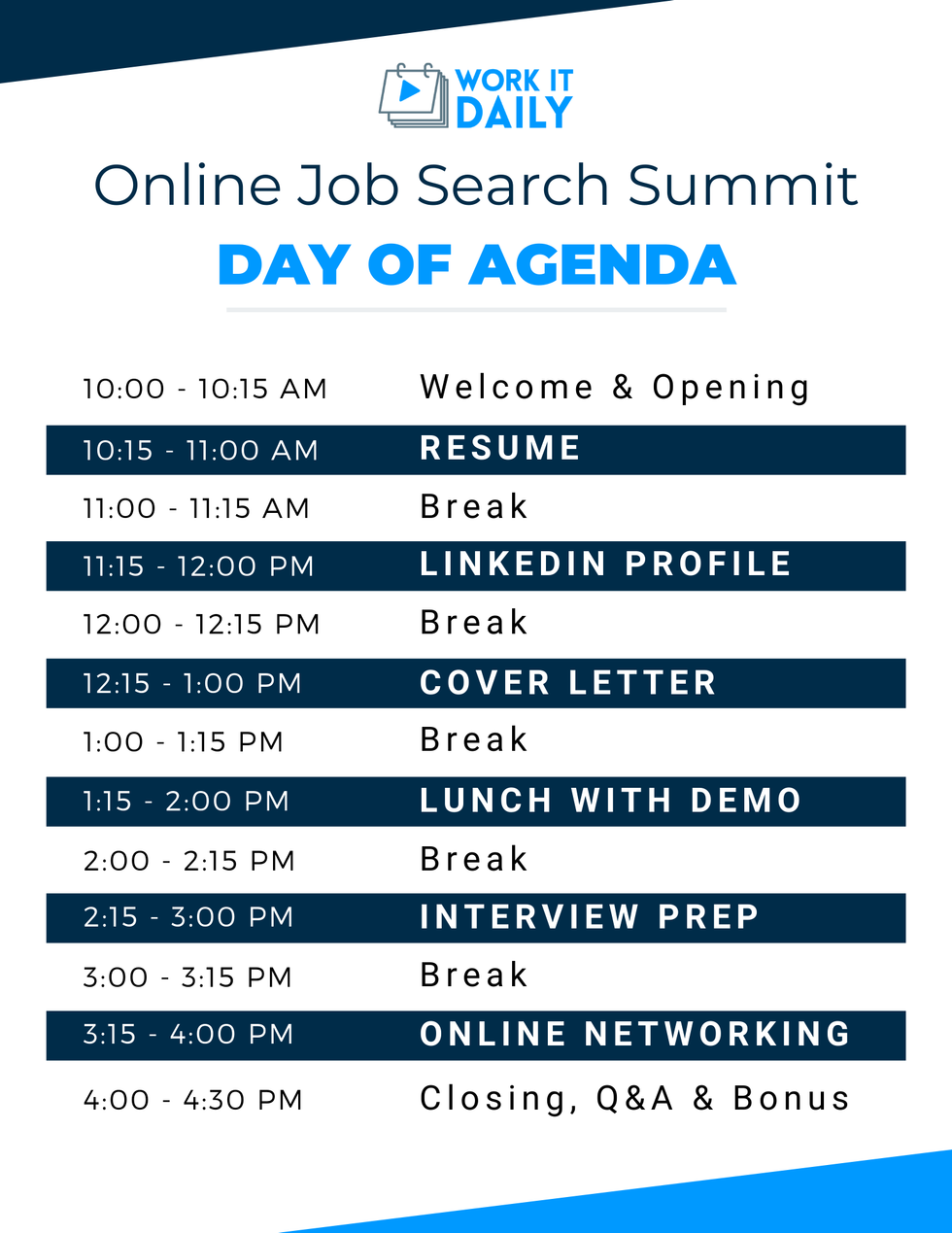 Work It Daily's online job search summit agenda